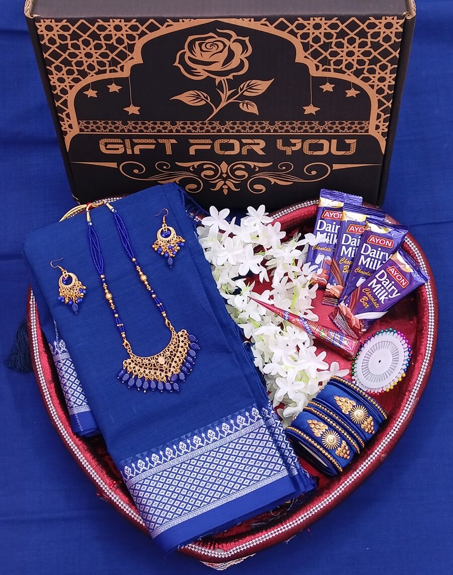 Tangail Tat cotton saree with combo packag. blue color